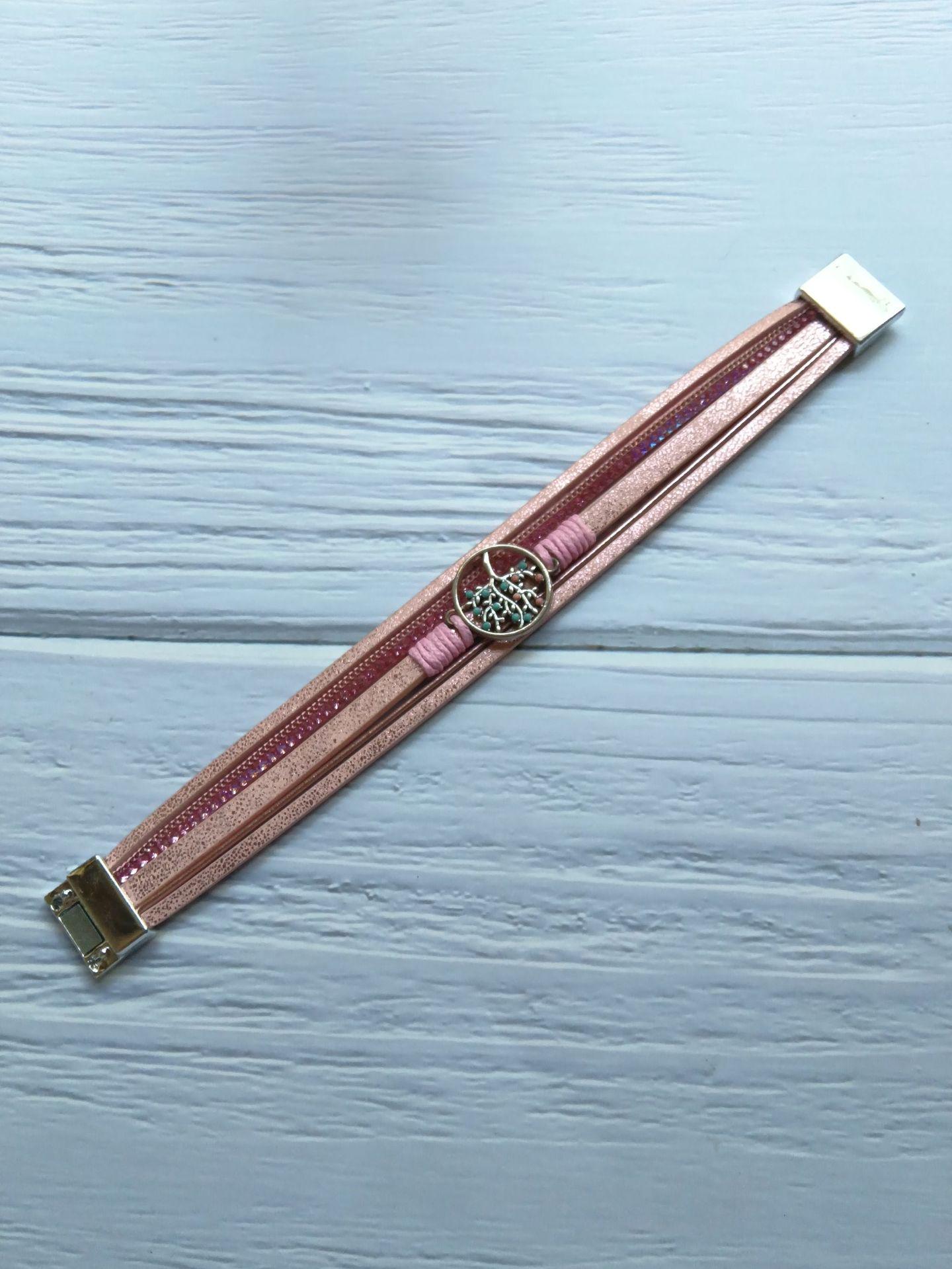 Classic Multi-layer Handmade Women s Leather Bracelet with Tree of Life and Pearl Design розовый