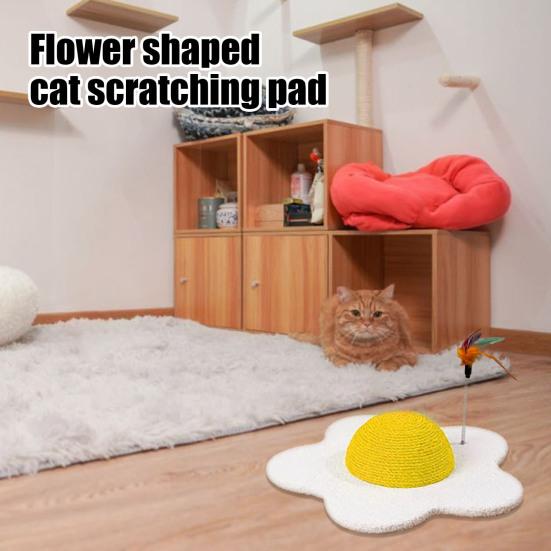Cat Scratch Pad Flower Shape Sisal Rope Cat Scratcher Interactive Floor Cat Scratching Board with Spring Plush Bee for Furniture Protector