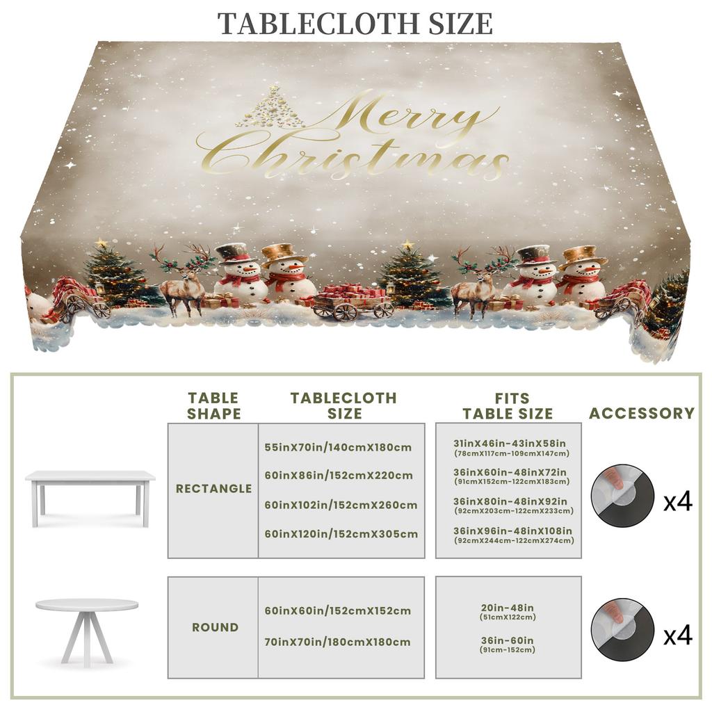 Christmas Vintage Farmhouse Tablecloth with Santa, Reindeer & Xmas Tree Prints. Rectangular & Round Sizes for Xmas/New Year Parties, Kitchen, Indoor &