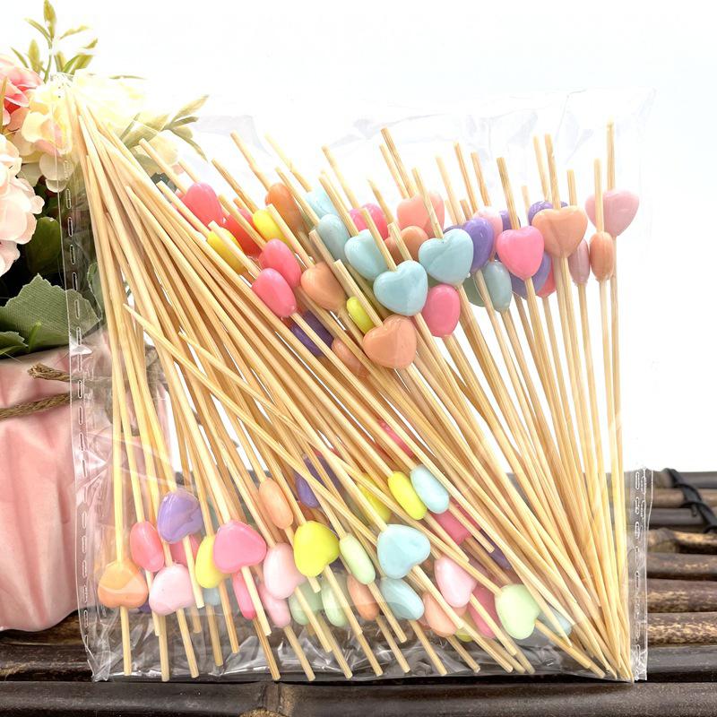 100Pcs/pack Bamboo Pick Buffet Cupcake Heart Flower Fruit Fork Party Dessert Salad Stick Cocktail Skewer for Wedding Supplies