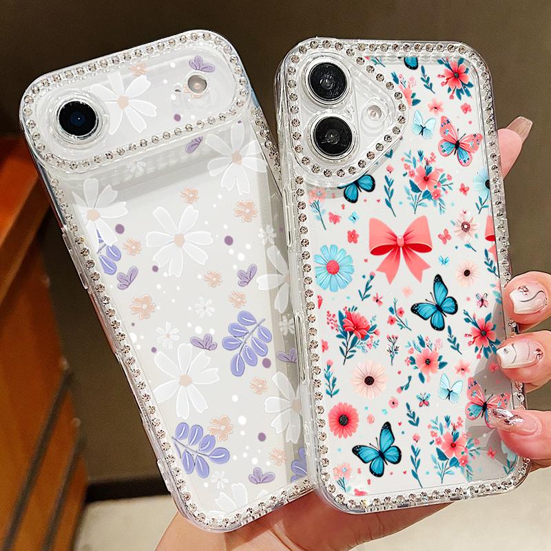 Butterfly Printing Bling Diamond Case For iPhone 17 Air 16e 16 14 15 13 17 Pro Max 15 16 Plus 17 Soft TPU Silicone Phone Cover