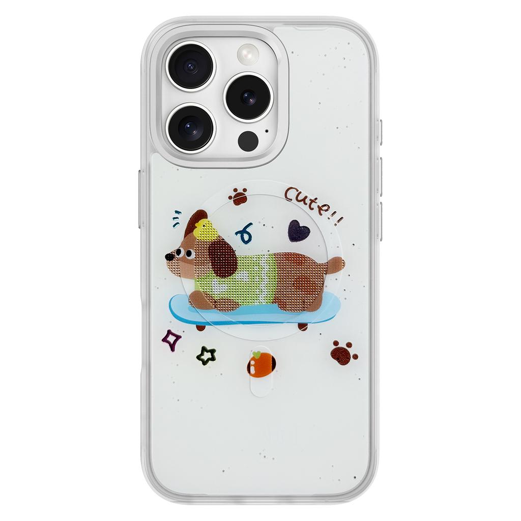 For iPhone 16 Pro Magnetic Case TPU PC Phone Cover with Skateboarding Dachshund Backplate