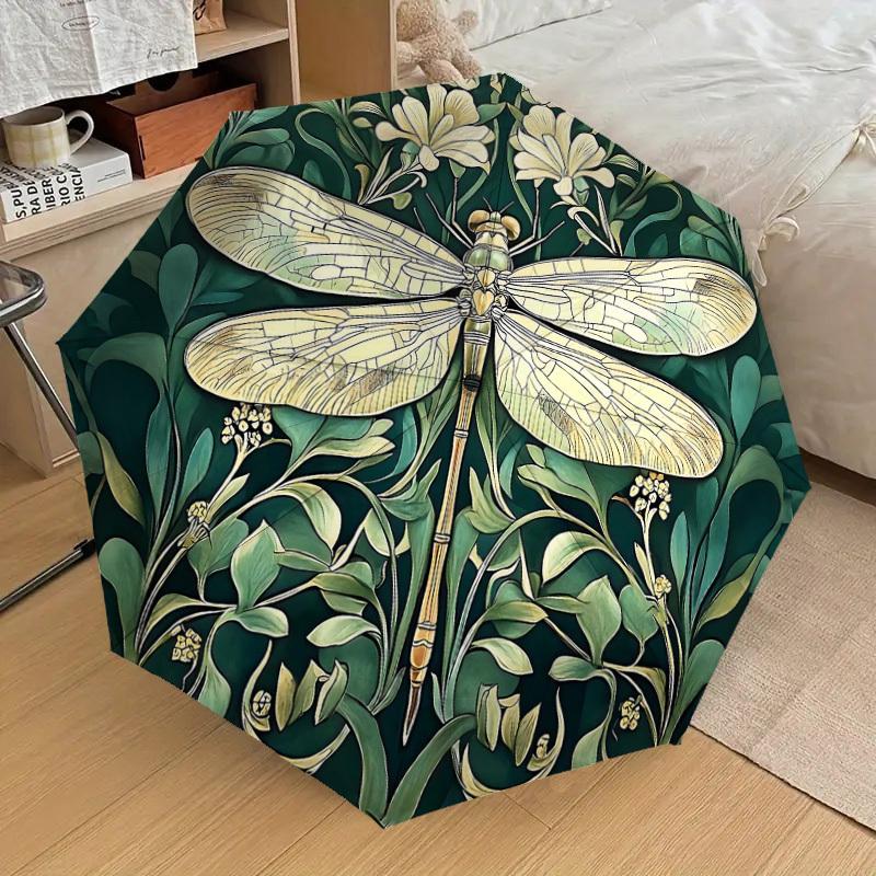 1pc Dragonfly Floral Automatic Open/Close Umbrella with Windproof, 8-Rib Sturdy Canopy, Durable Ribs, Fashionable Design1257A