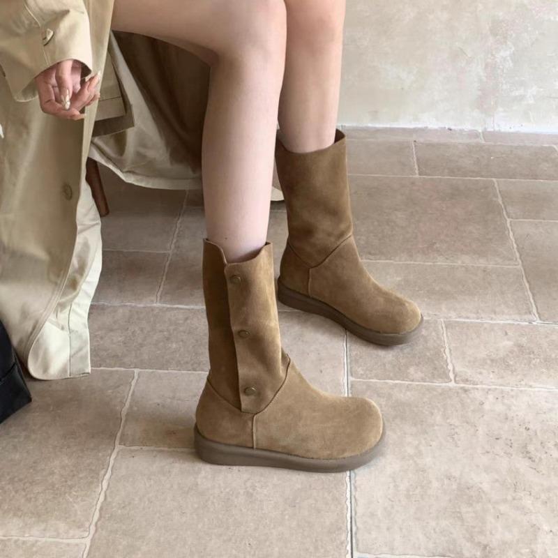 Flats Women Mid Calf Boots Winter Suede Fashion Leisure Suede Shoes Woman 2025 Trend New Brand Designer Walking Cozy Casual Snow