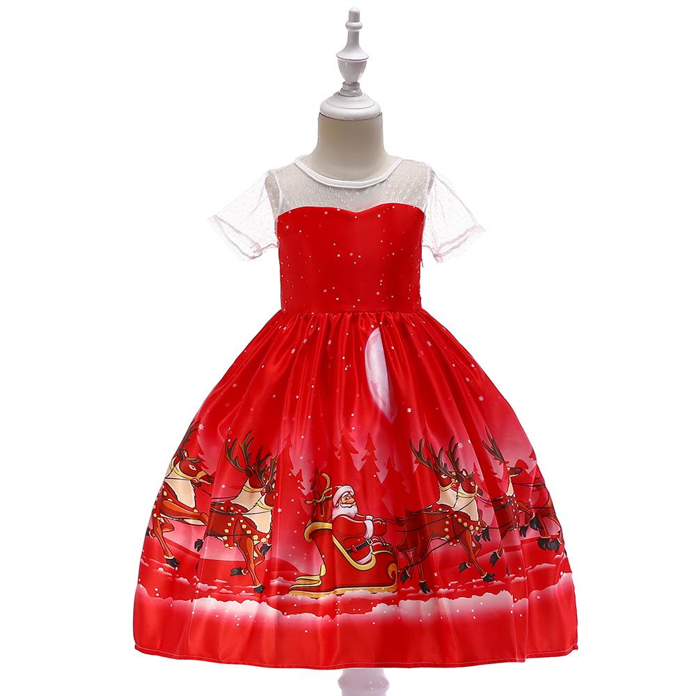 Christmas Children'S Dress Cartoon Printed Satin Cloth Performance Christmas Dance Performance Dress