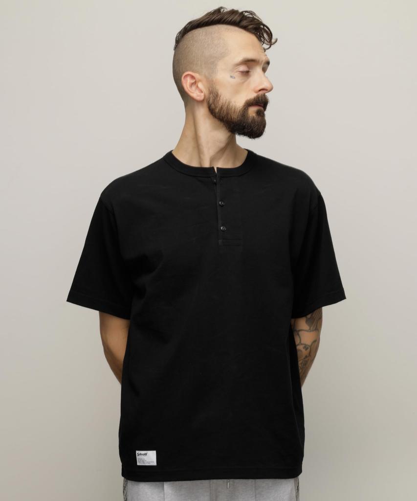Schott Henley T-Shirt "Crest Dragon Embroidery" / Embroidered Henley T-Shirt "Crest Dragon" / 782-4134005 Men's Small 010 Black