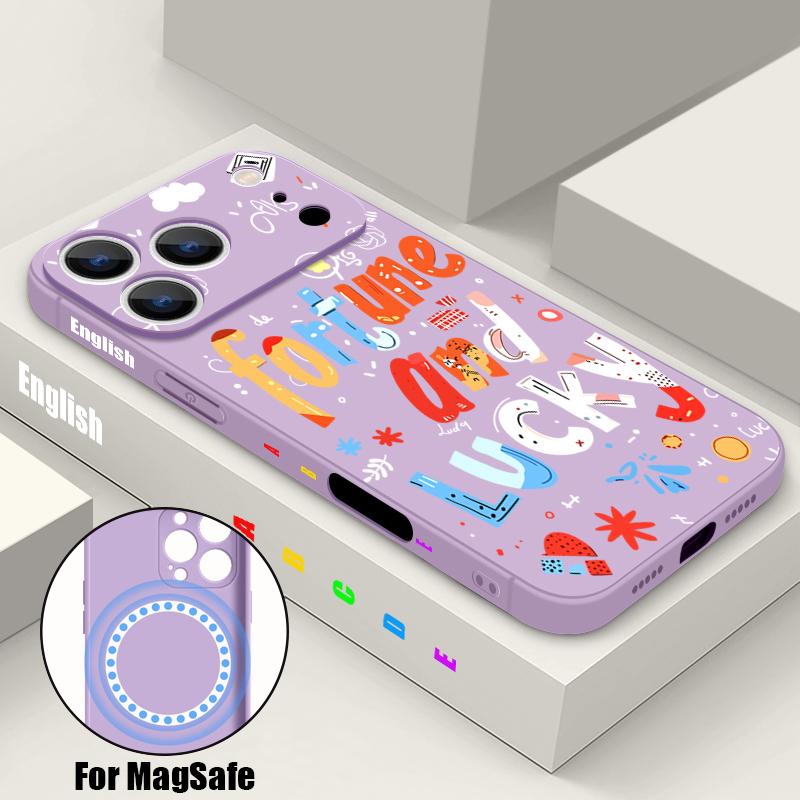 Magnetic For Magsafe Case For iPhone 17 Pro Max Colorful Lucky Letter Print Soft Silicone Phone Back Cover For iPhone 16 15 14 13 Pro Max 16e 17e