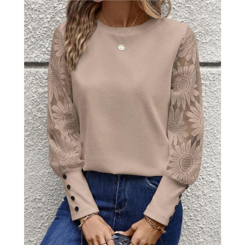

2024 Autumn European & American Solid Color Long Sleeve Embroidered Lace Patchwork Waffle Knit Crew Neck Top S світло-фіолетового кольору