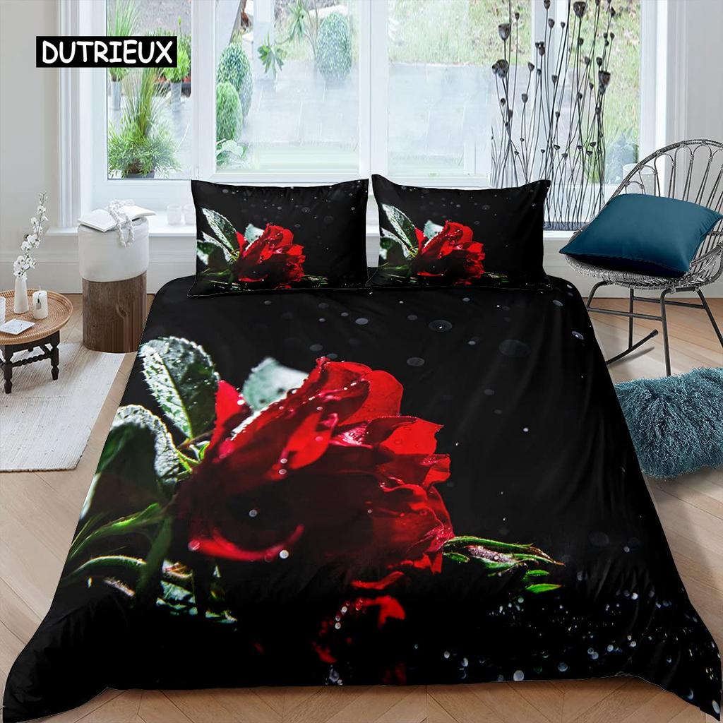 Rose Duvet Cover Set Women Chic Purple Floral Print Bedding Set Romantic Flowers Glitter King Size Comforter Cover for Couples