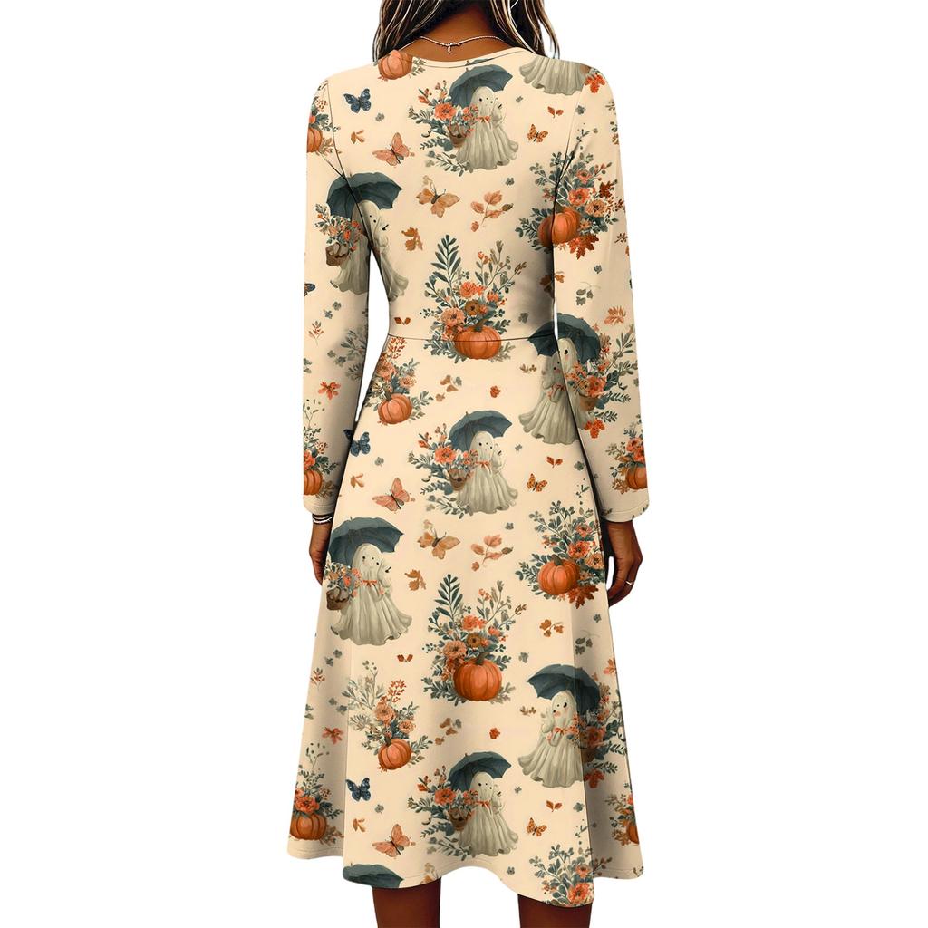 Women's Stylish Halloween Print Long Sleeve V-Neck Casual Dress with Pockets
