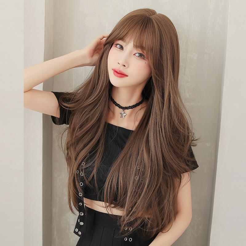 Korean Style Women’s Long Wavy Curly Wig with Air Bangs Natural Looking Big Waves Voluminous Full Wig