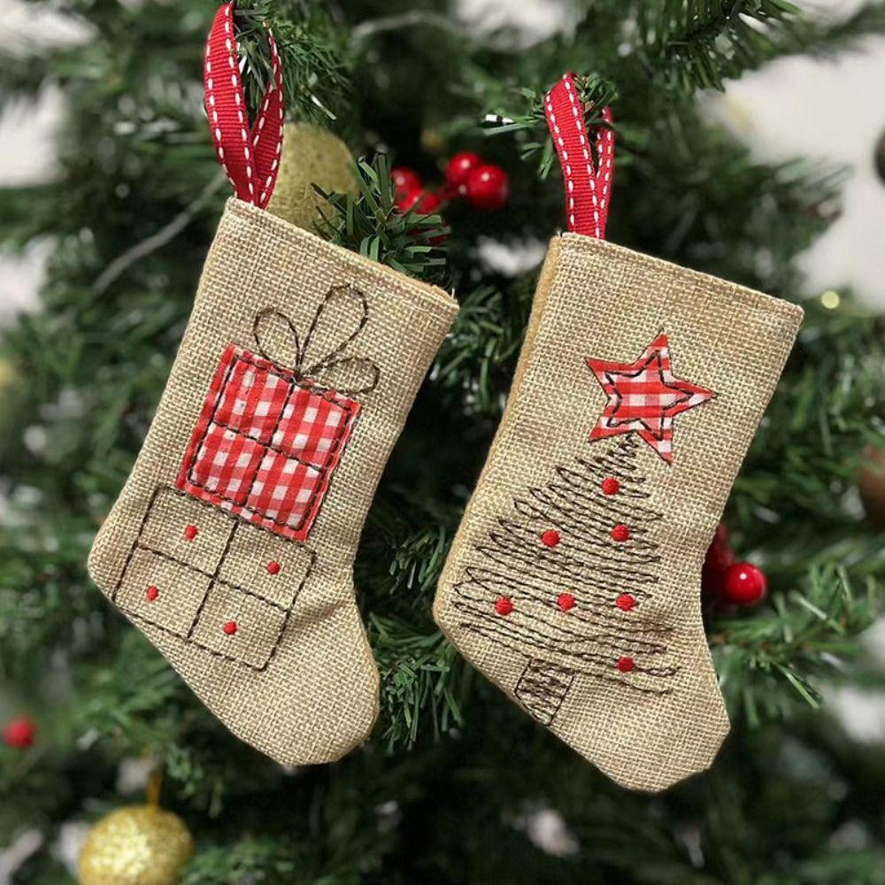 

Decorative Burlap Embroidery Christmas Stocking Linen Christmas Decoration Holiday