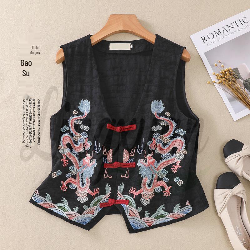 2026 Spring/Summer Retro Ethnic V-neck Embroidered Cotton Linen Sleeveless Vest for Women
