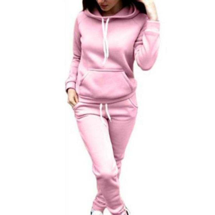 Women Plush Hoodie and Pants Set 2 Pcs Solid Color Long Sleeve Top Elastic Waist Ankle Banded Trousers Thick Sport Fitness Suit