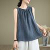 Women Round Neck Gathered Front Crinkled Linen Cotton Sleeveless Tank Top