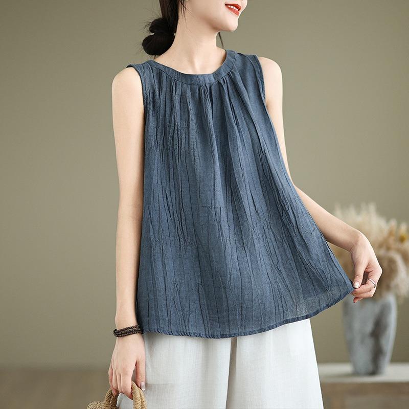 Women Round Neck Gathered Front Crinkled Linen Cotton Sleeveless Tank Top
