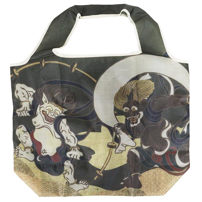 Onishi Ken Seihan Ripple Reusable Eco Bag Fujin Raijin Foldable Grocery Shopping Bag with Bottom Gusset Traditional Japanese Art Pattern