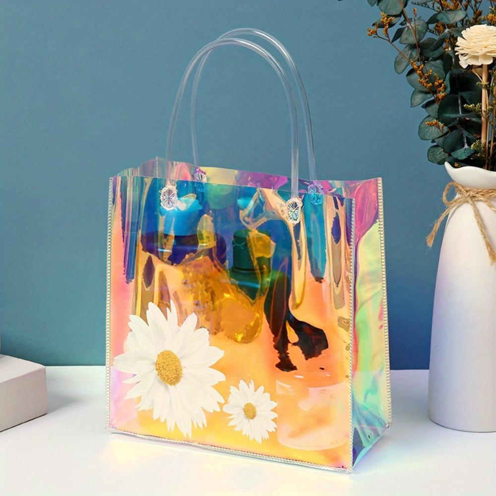 4pcs Holographic Clear Gift Bags with Handle Party Favor Bags Plastics Shopping Bags Goodie Bag Tote Bags Rainbow Holographic Gift Bag Gift Wrap Bag