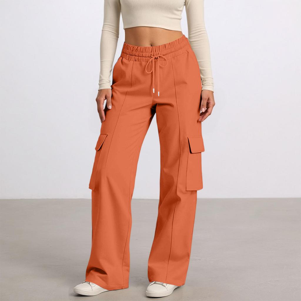 Women's Casual Fashion Solid Color Elastic Waist Drawstring Workwear Wide Leg Pants With Pockets
