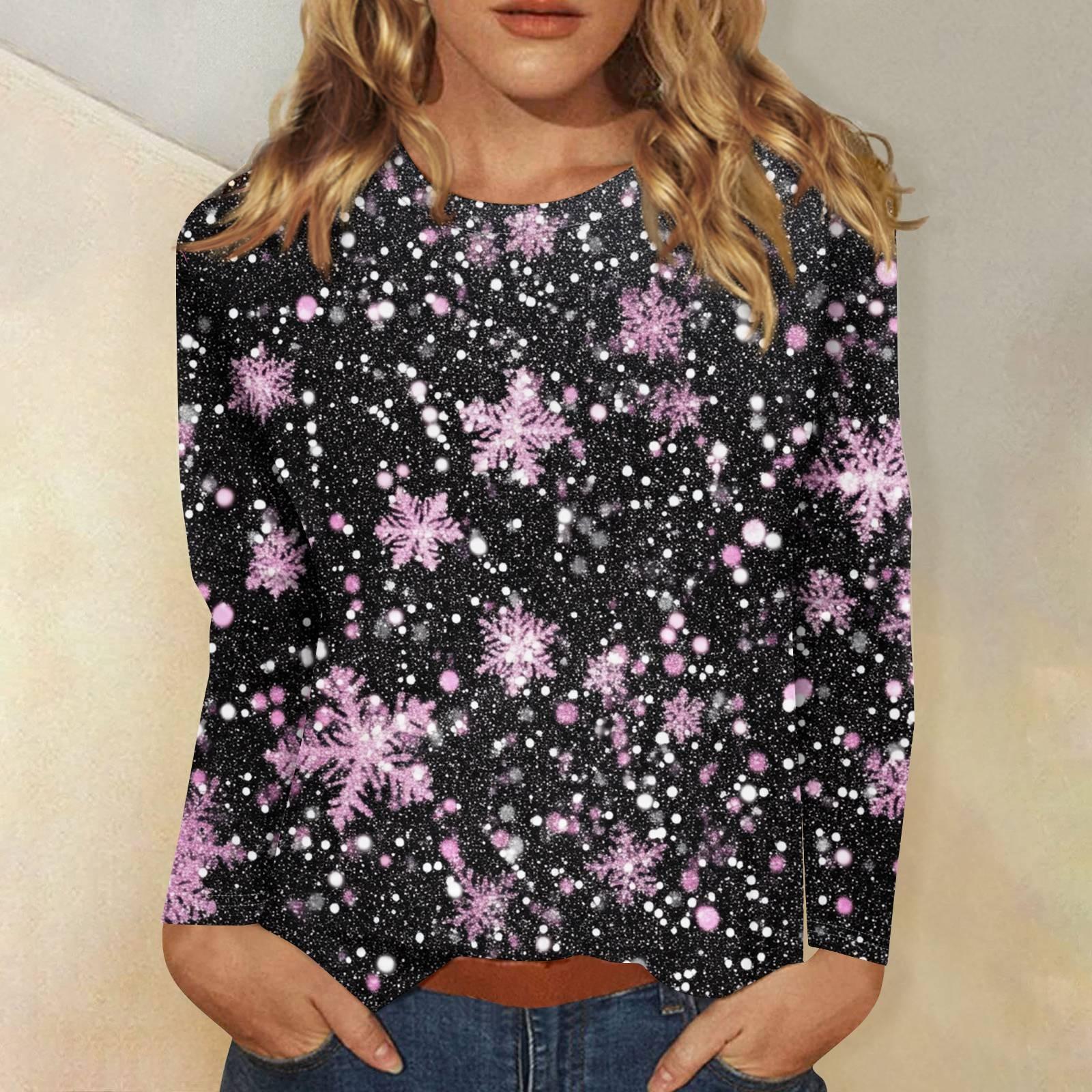 

Женская мода повседневная рождественская печать круглый вырез длинный рукав декоративная футболка топ L розовый