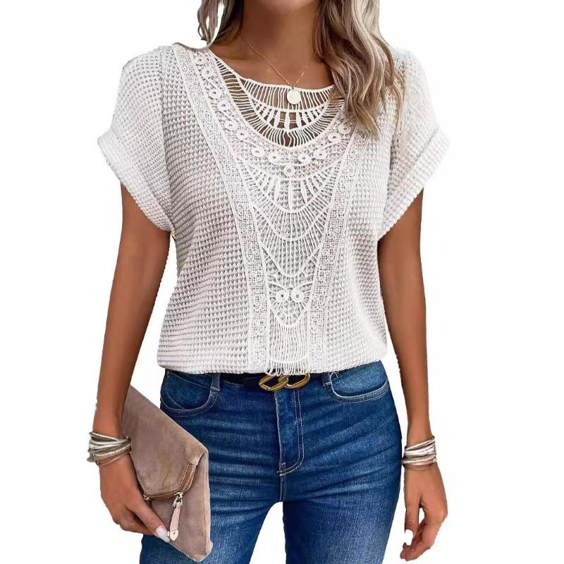 Lace Splicing Crew Neck T-shirt, Casual Short Sleeve Top For Spring & Summer, Women's Clothing