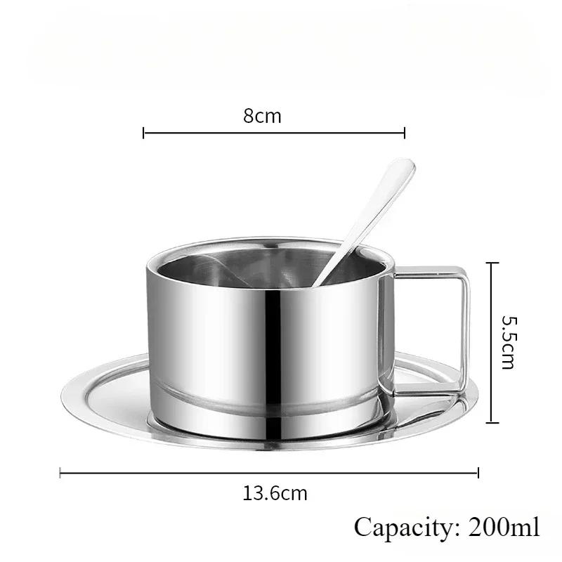 200ml Double Walled Heat Resistant Coffee Cup Set European Style Stainless Steel Water Cups with Saucer Spoon Cafe Accessories