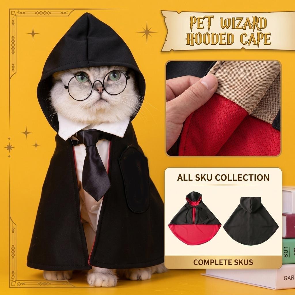Small Pet Hooded Cape Costume for Cats and Dogs Halloween Academy Party Role Play Outfit