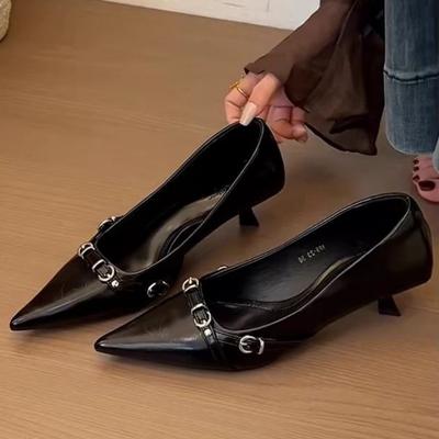 Women's Thin Heel Shoes Spring New Pointed Head Shallow Mouth Metal Buckle Anti-slip Wear-resistant Low-top Shoes