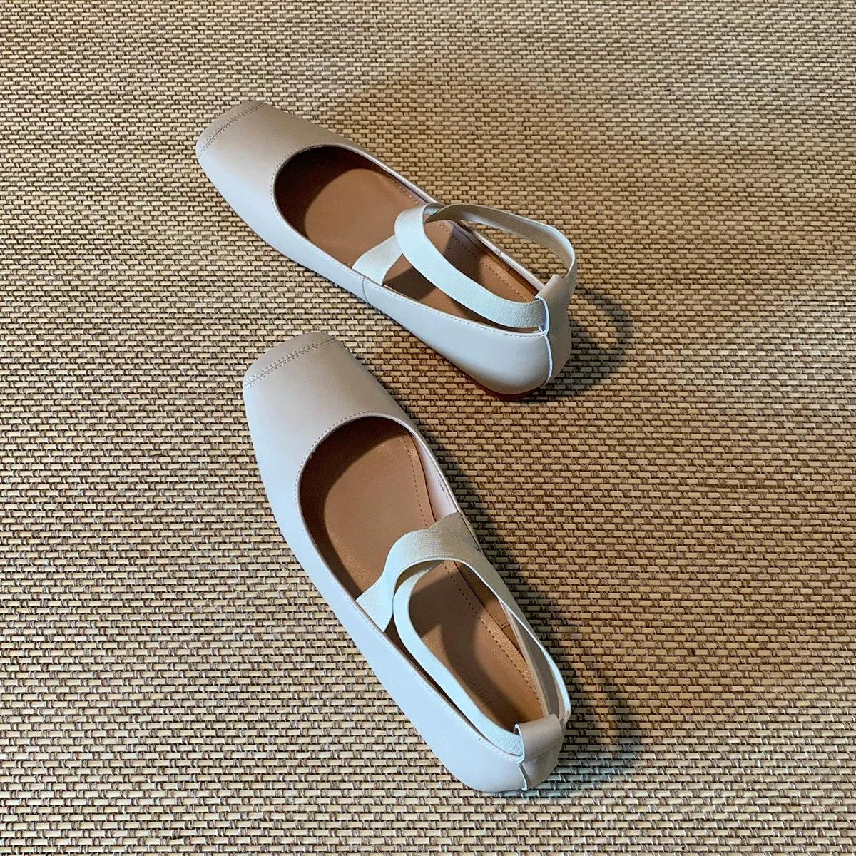 

Leather Korean version square head cross strap flat ballet shoes single shoes women s spring and autumn new versatile Mary Jane women s shoes 40 чёрный