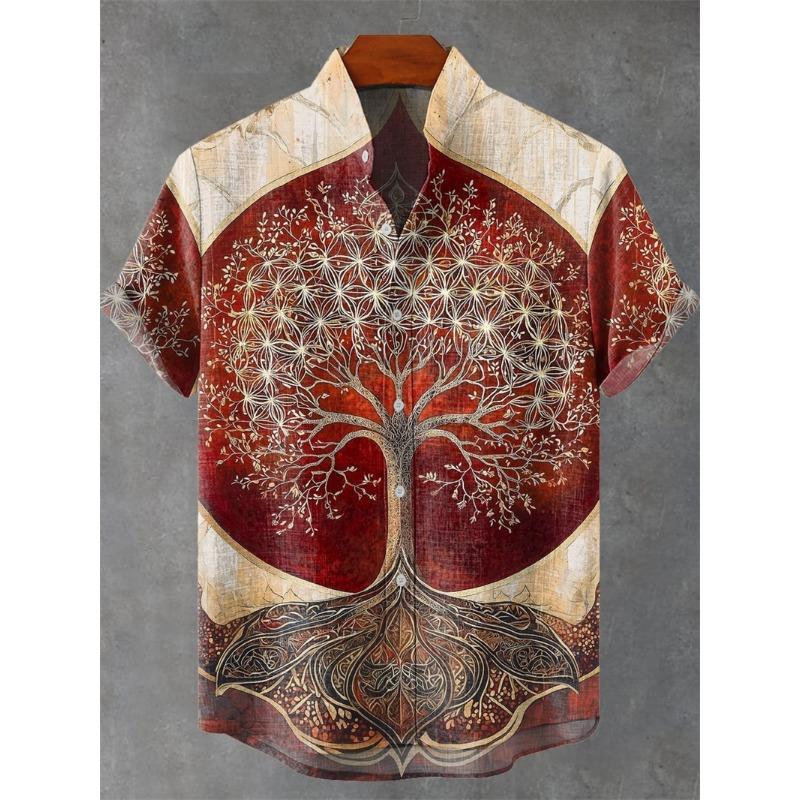 Men's Short Sleeve Shirt Vintage Ethnic Style Sunlight and Tree Illustration Art Snake Print Casual Linen Shirt