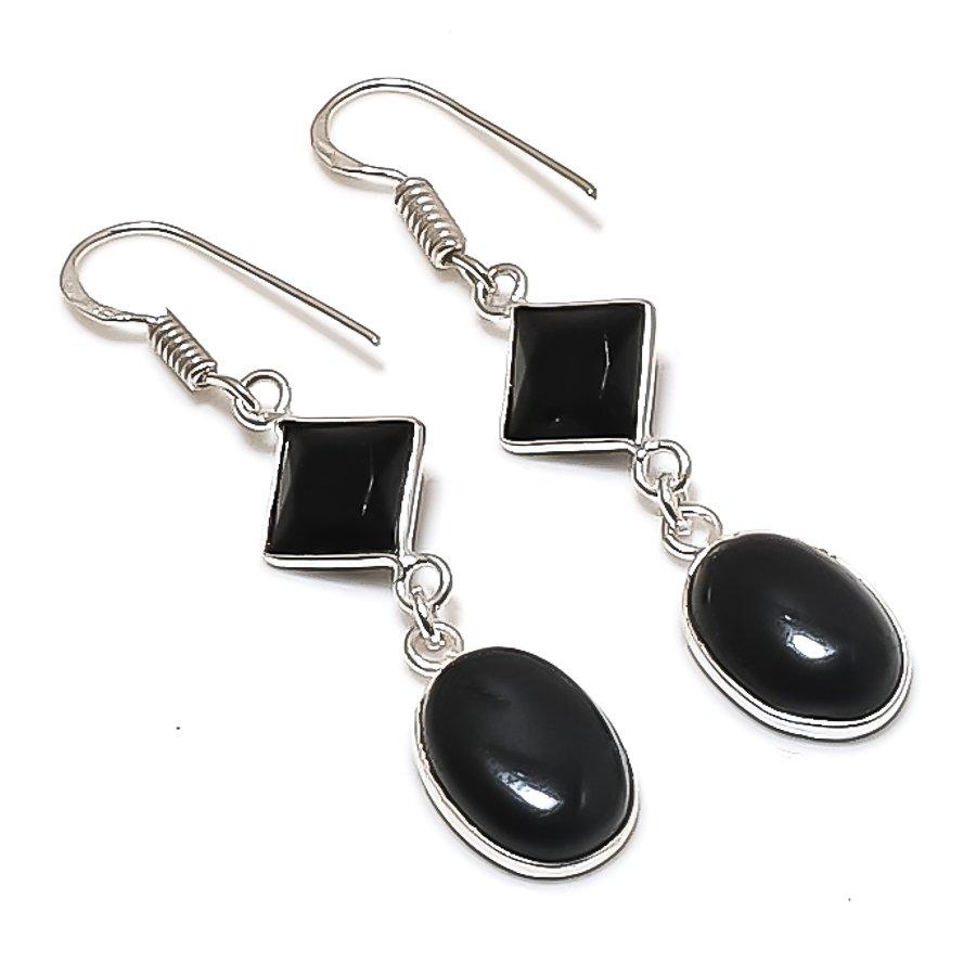 Natural Black Spinel, Onyx Gemstone 925 Sterling Silver Earring 2.05  AE-11796