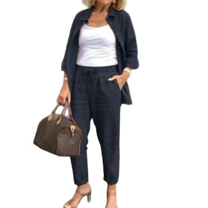 Retro Cropped Linen Harem Pants Set with Belt - Loose Fit, Solid Color
