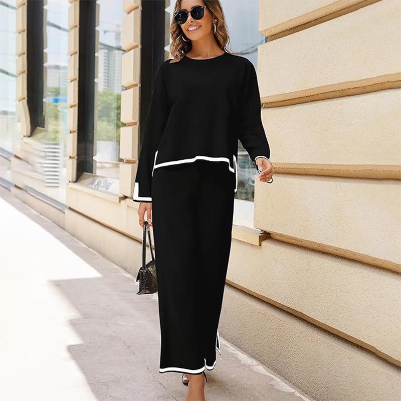 

Women s Long Sleeve Top and Wide Leg Pants Set in Beige with Black Trim XS чёрный
