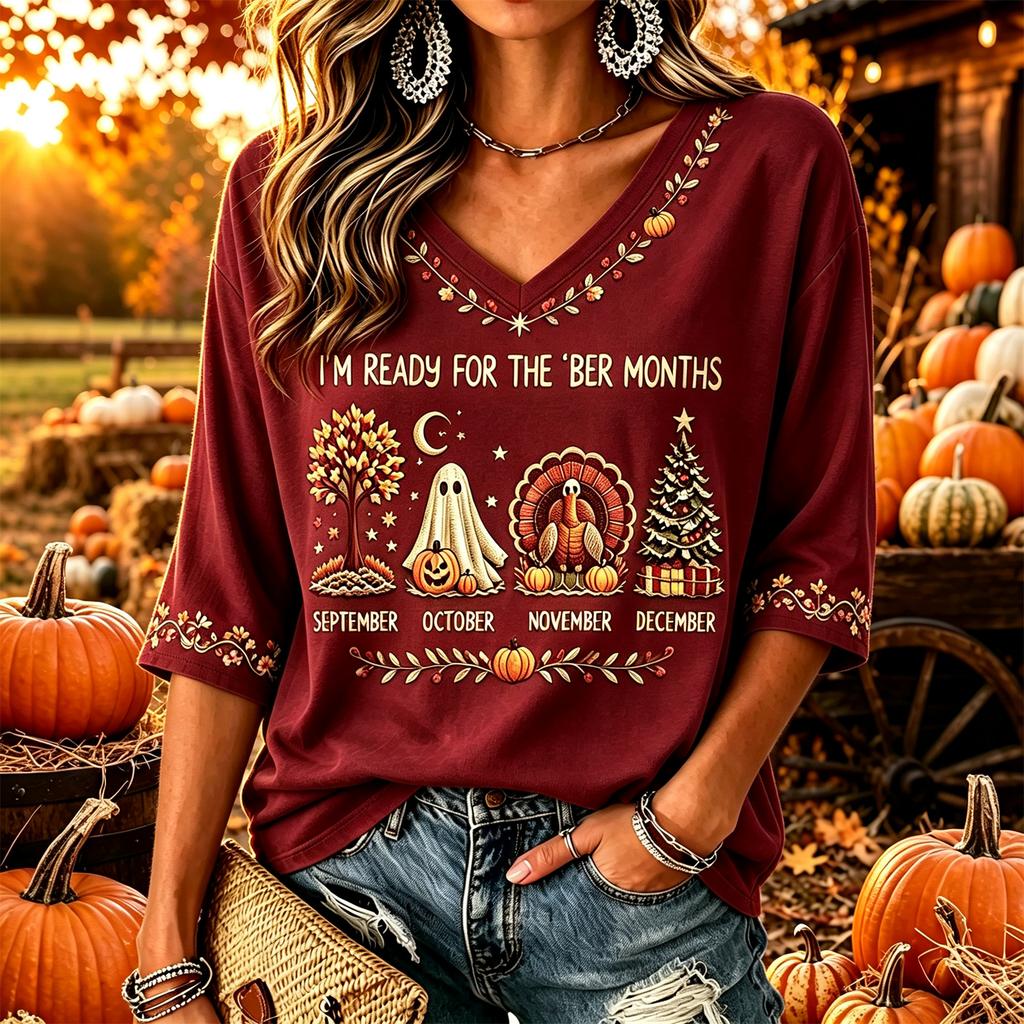 Women's Casual Thanksgiving Print V-Neck Pullover Top