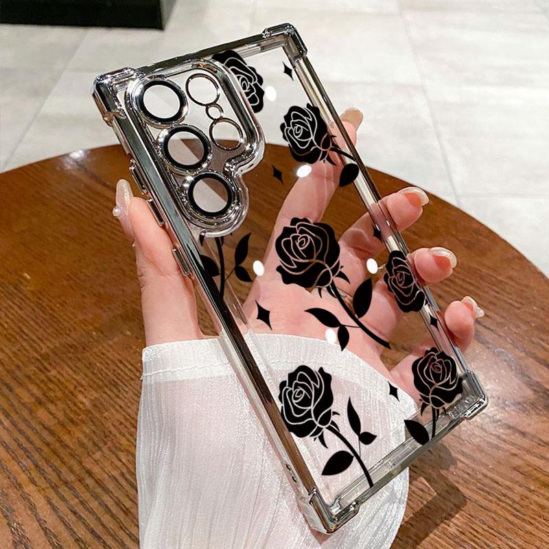 

New Black Rose Electroplated Airbag Transparent Phone Case For Samsung Galaxy S25 Ultra S24 S23 S22 S21 Plus FE Soft Cover Galaxy S22+ 5G