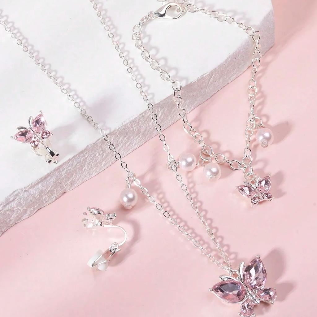 European and American pink purple simple generous butterfly necklace ear clip bracelet 3 pieces girl children's Zircon
