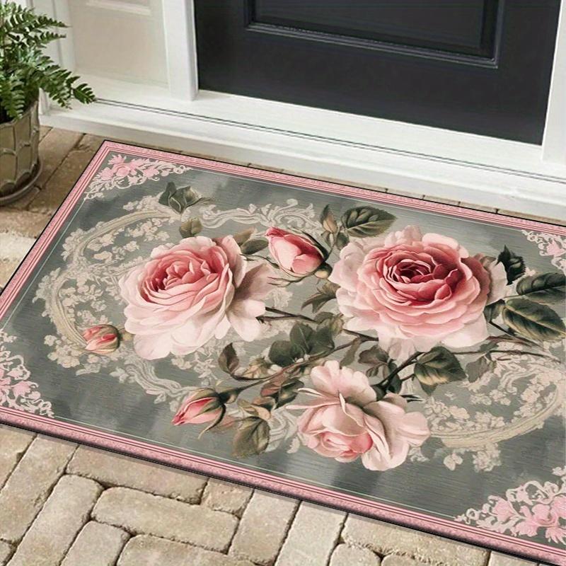 Pink RoseFloral RugElegant Flower Pattern Carpet for Bedroom Romantic and Chic Home Decor Anti slip carpet can be machine washed