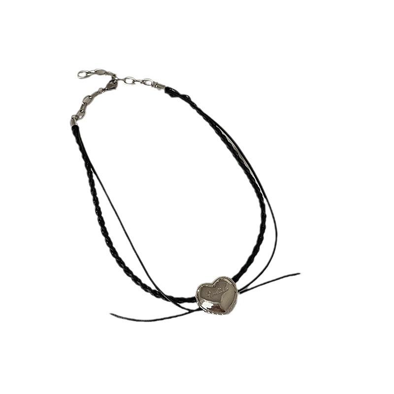 Double-Layer Leather Love Pendant Necklace Female Niche Design Sense Simple Personality Light Luxury Versatile Neck Chain Collarbone Chain