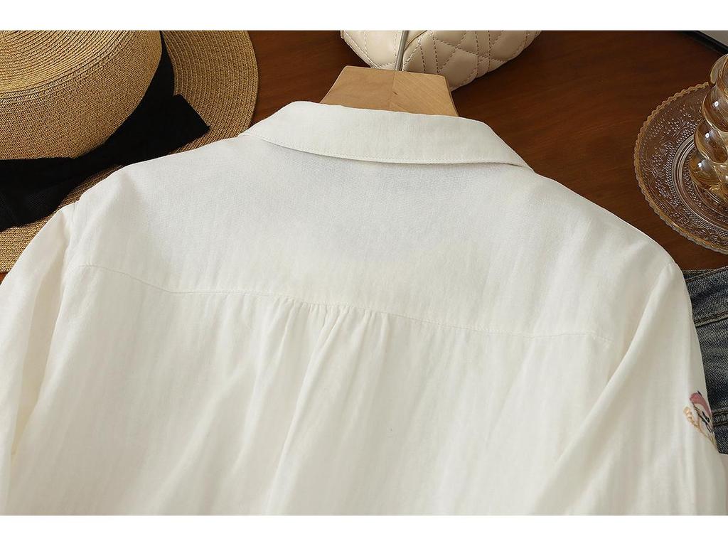 Women's Artistic Cartoon Embroidery Cotton Gauze Long Sleeve Shirt - Fresh & Soft Skin-Friendly Top