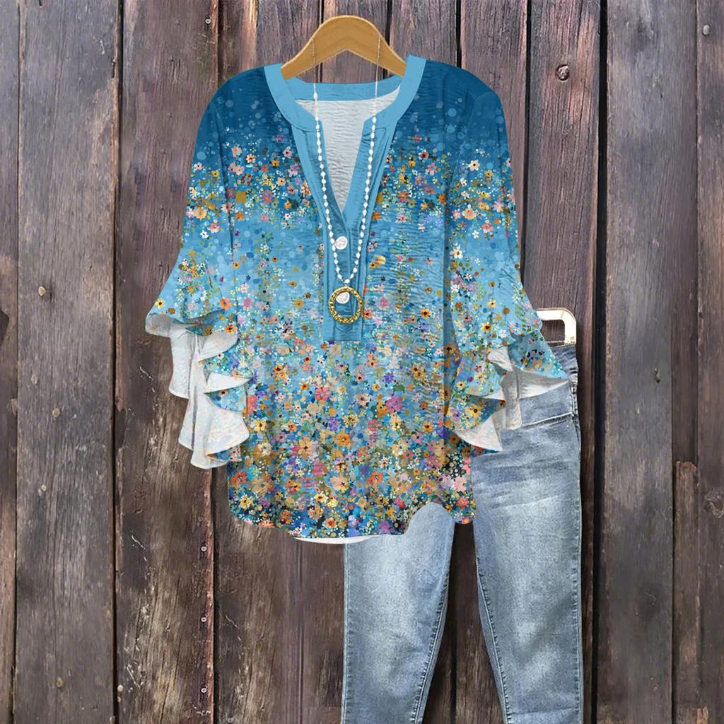 Women's Fashion Button V-Neck Ruffle Seven Sleeve Blouse Floral Printed Top