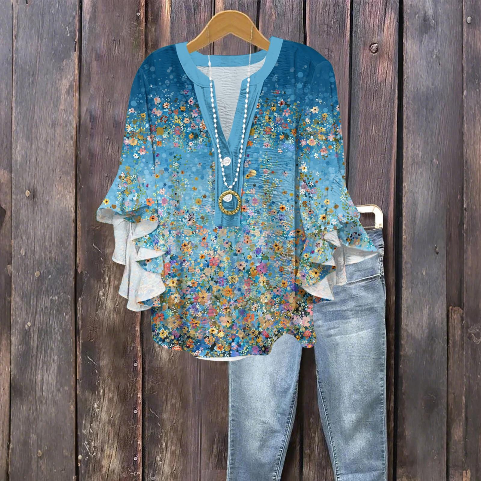 

Women s Fashion Button V-Neck Ruffle Seven Sleeve Blouse Floral Printed Top M