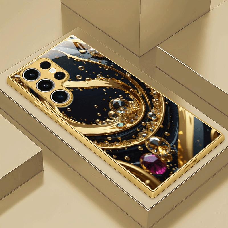 Gold-plated tempered glass phone case compatible Galaxy S26 S25 S24 S23 S22 Ultra Plus. Features a streamlined gold design.