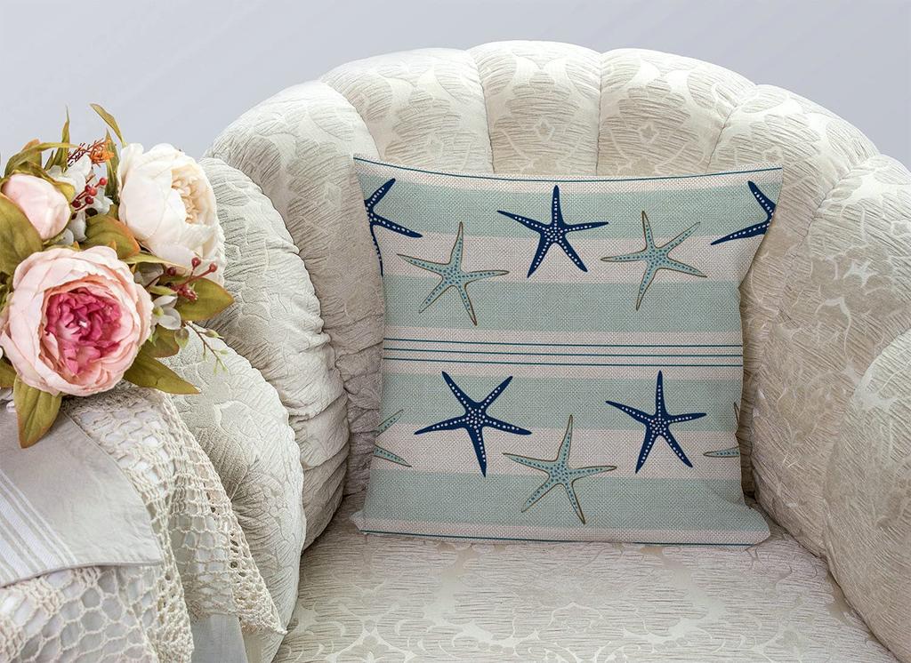 1Pc Coastal Starfish Cushion Cover, Nautical Stripe Print Throw Pillow Case, Beach Home Decor For Sofa Bedroom