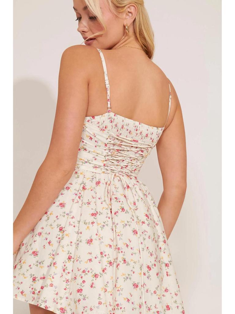 2026 European & American Women's Floral V-neck Spaghetti Strap Cinched Waist A-line Mini Dress