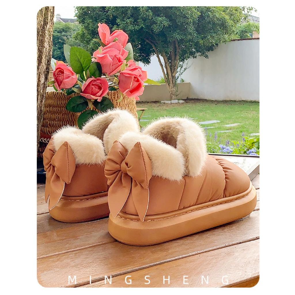 Butterfly Knot Cotton Slippers for Women In Winter, with A Bag Heel and Plush Cotton Shoes for Warmth and Thick Soles, Worn Externally
