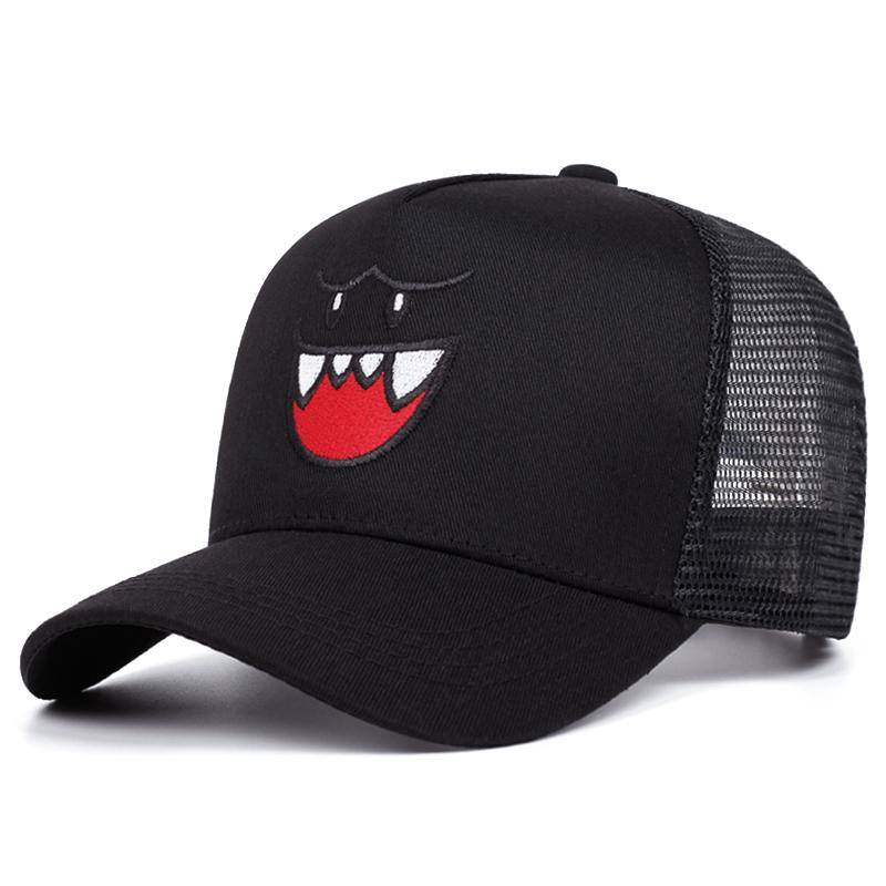 Cute and happy face three-dimensional embroidered baseball caps, men's and women's outdoor sports event mesh baseball caps