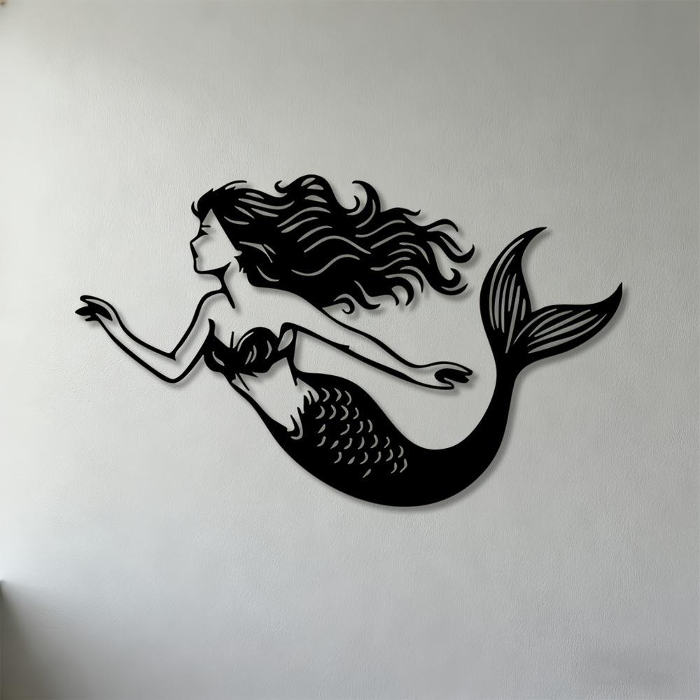 

1pc Mermaid Metal Wall Art Iron Sculpture Flat Design Wall Mount Coastal Home Decor Living Room Bedroom Bathroom 30cm-11.81inch