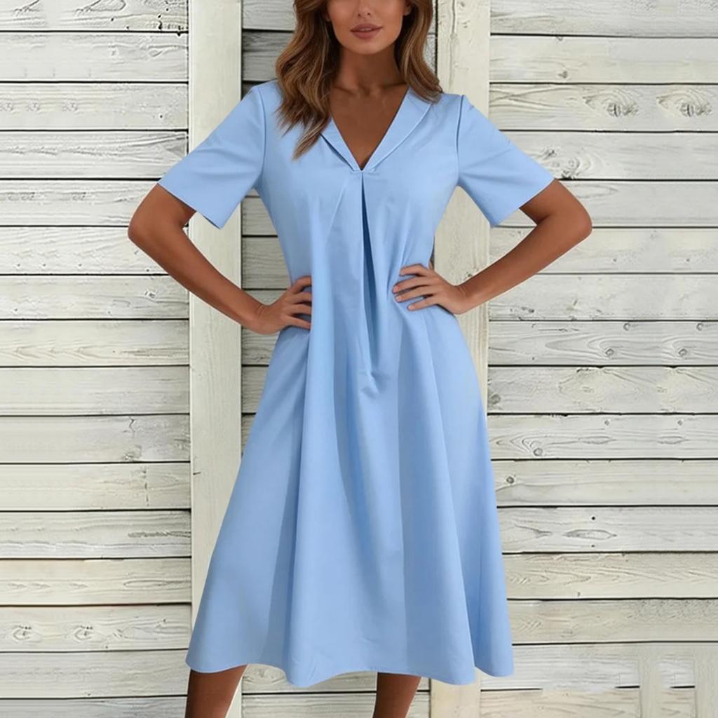 Women's Summer Fashion Casual Cotton-Linen Blend V-Neck Pocket Short-Sleeve Dress