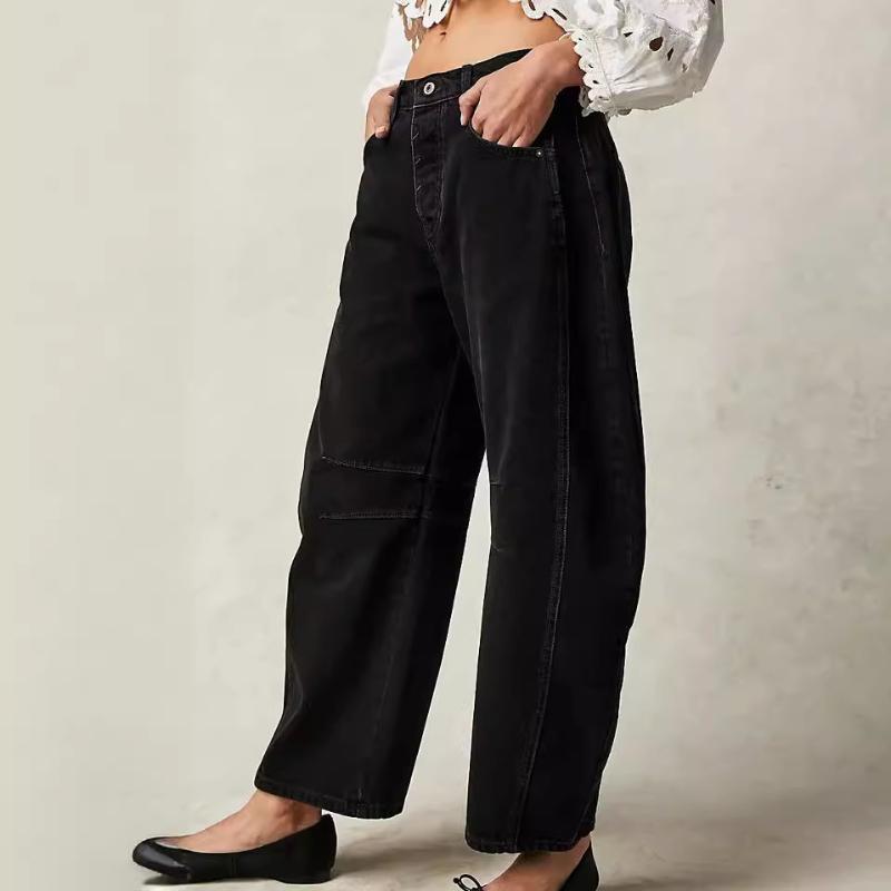 

GMXIA Мода Повседневные женские свободные брюки с широкими штанинами средней посадки из выстиранного денима S чёрный