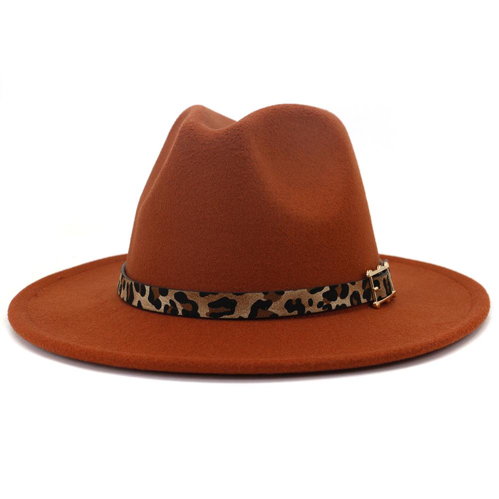 19 Color Women'S Wide Brim Felt Fedora Panama Hat With Leopard Belt Buckle Party Trilby Cowboy Hat Fashion Jazz Cap